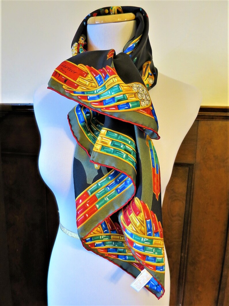 CARTIER SCARF, "Jeweled Menagerie", 100% Silk with Cartier Tag, Box & Certificate, Made in France, Cartier Foulard Soie, Vintage Scarf image 3
