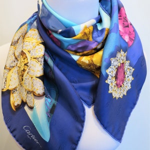 CARTIER SCARF, "Florals & Jewels" Motif, 100% Silk with Cartier Tag and Box, Cartier Foulard Soie, Vintage Scarves, Luxury Scarves