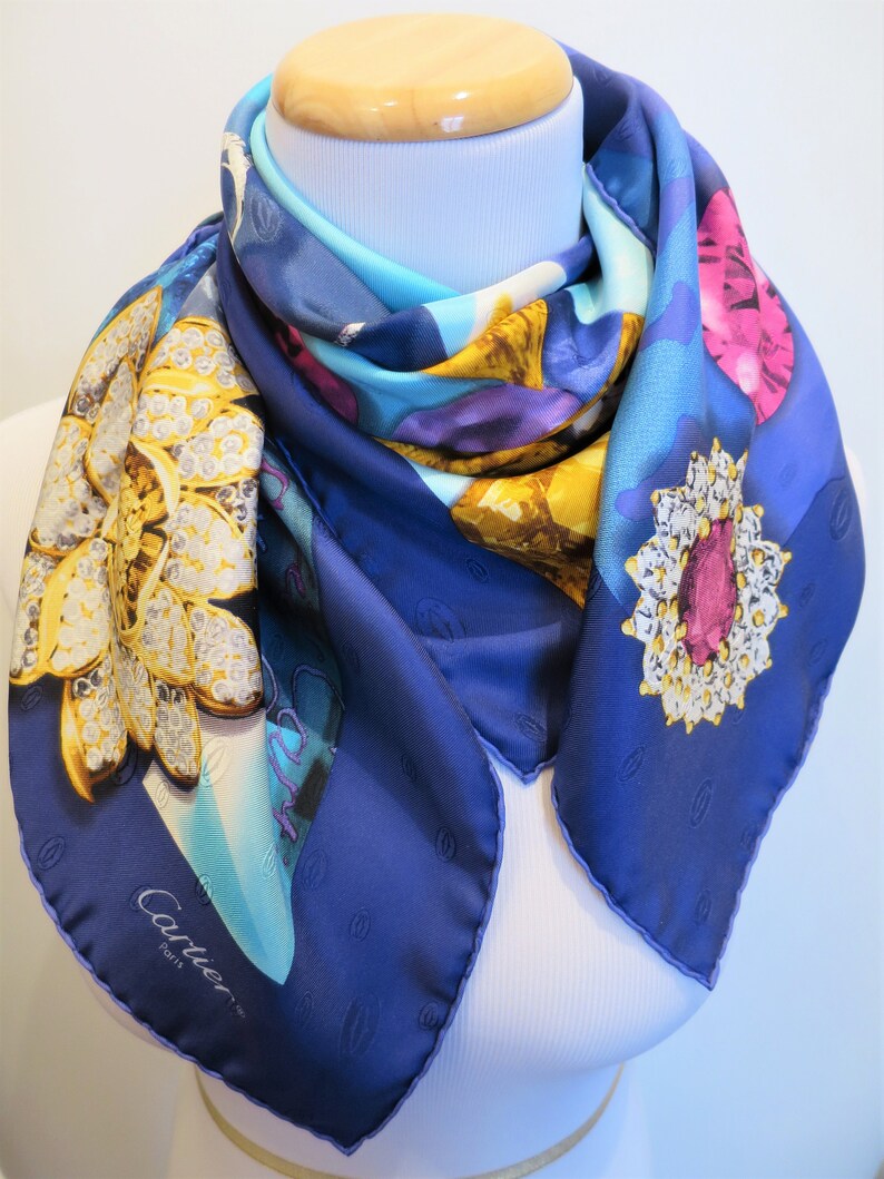 CARTIER SCARF, "Florals & Jewels" Motif, 100% Silk with Cartier Tag and Box, Cartier Foulard Soie, Vintage Scarves, Luxury Scarves