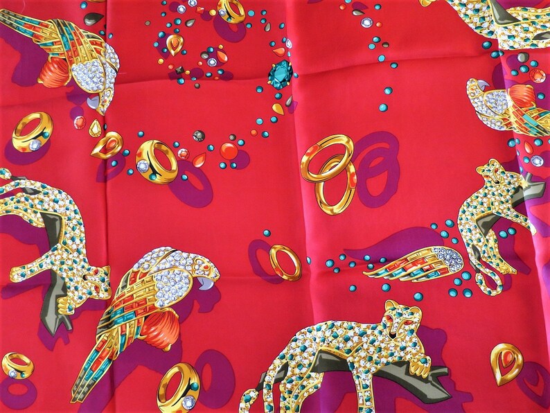 CARTIER SCARF, "Jeweled Menagerie" Motif, 100% Silk w Cartier Tag, Made in France, Cartier Foulard Soie, Vintage Cartier, Cartier Panther image 7