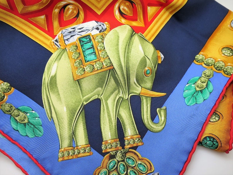 CARTIER SCARF, "La Route des Indes" Motif, 100% Silk, Made in France, Cartier Foulard Soie, Vintage Scarves, Elephants, Navy Blue Scarf image 1