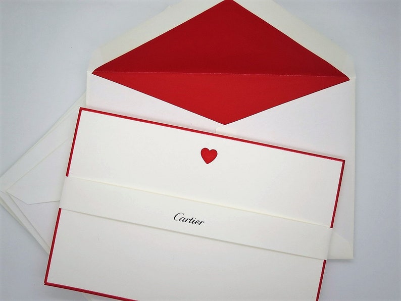 CARTIER STATIONERY, "Ruby Heart" Motif, Set of 9 w Envelopes & Box, Cartier Note Cards, Cartier Writing Paper, Luxury Paper, Fine Stationery image 1