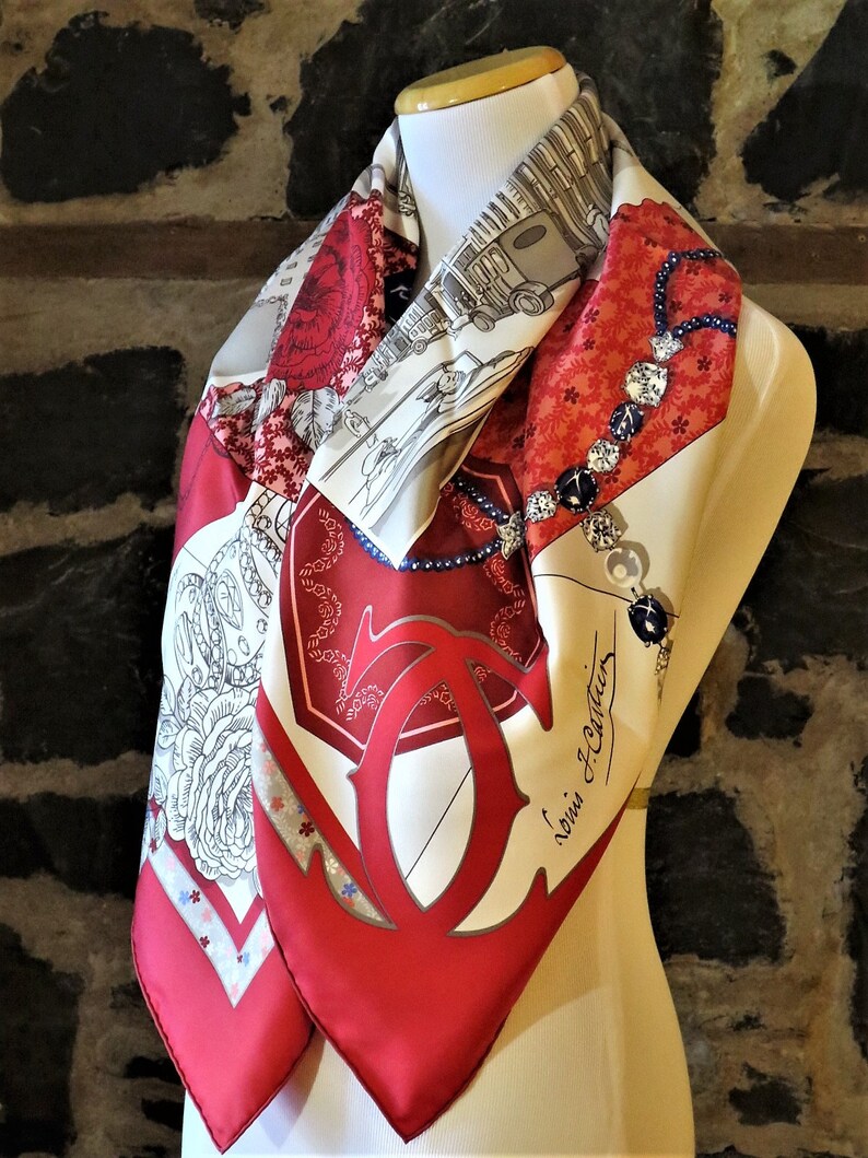 CARTIER SCARF, "13 rue de la Paix" Edition, 100% Silk Twill, Cartier Tag & Red Box, Cartier Foulard Soie, Vintage Scarf, Red Accessories image 7