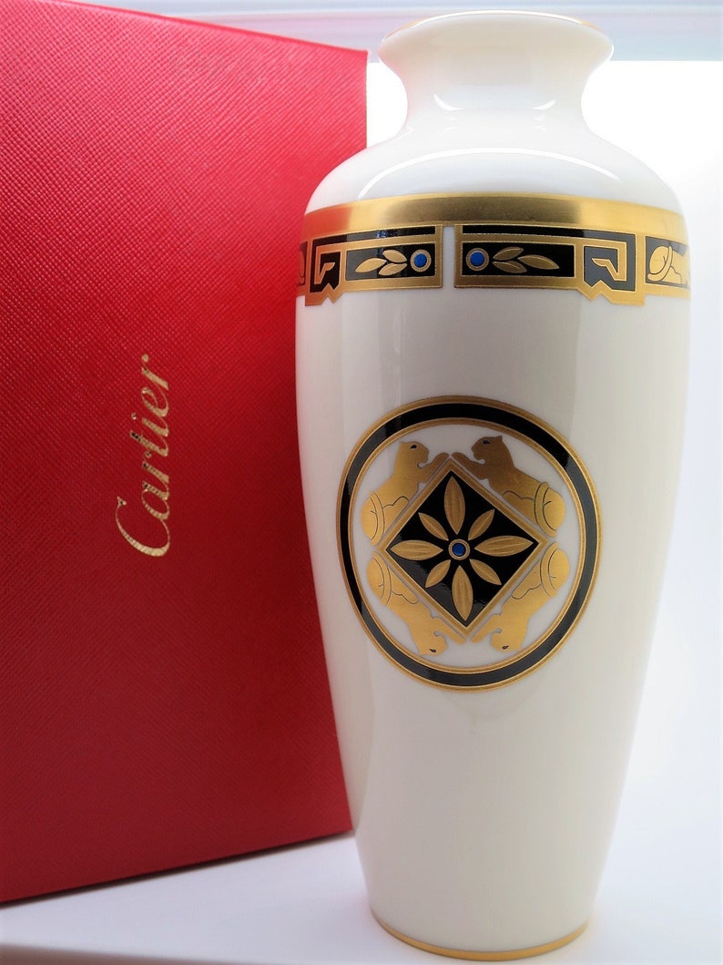 CARTIER VASE, "La Maison de l'Art Deco" Motif w 24kt Gold, Limoges Porcelain for Cartier, Cartier Panther, Egyptian Revival, Luxury Decor image 1