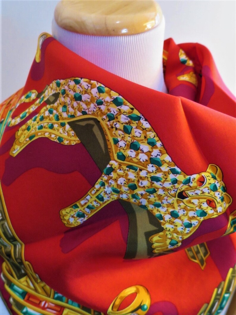 CARTIER SCARF, "Jeweled Menagerie" Motif, 100% Silk w Cartier Tag, Made in France, Cartier Foulard Soie, Vintage Cartier, Cartier Panther image 5