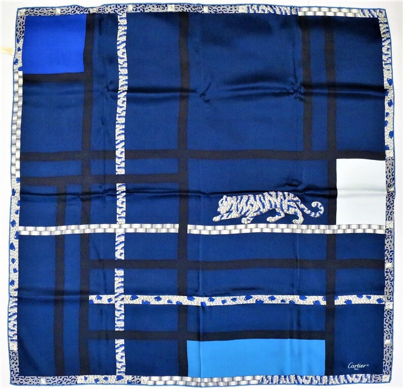 CARTIER SCARF Blue Vintage French Silk Paris Couture with Tigre Rôdant Tiger motif comes with Original Tag, Box and Certificate
