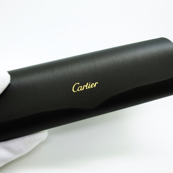 LUNETTES CARTIER AUTHENTIQUES Boîtier de la collection de lunettes Cartier avec signature en or sur fond noir