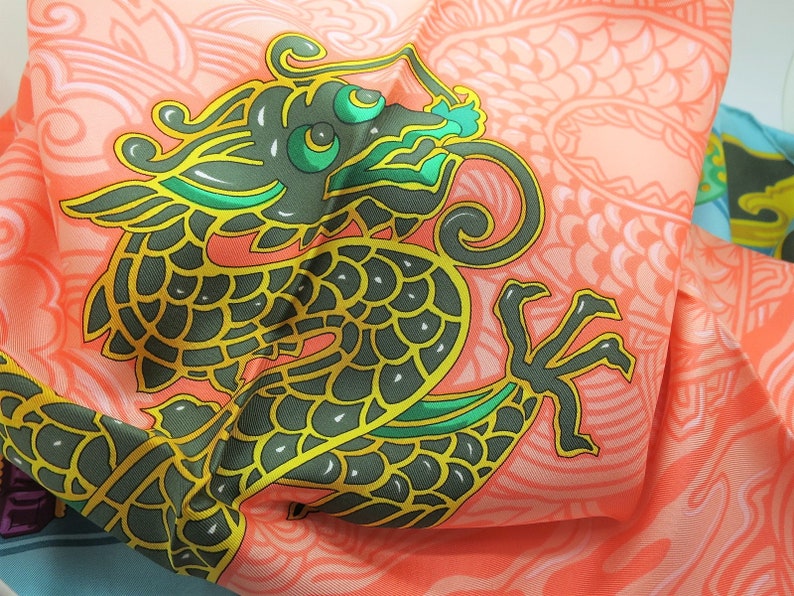 CARTIER SCARF, "Le Baiser du Dragon" Edition, 100% Silk, Handstitched Hem, with Cartier Tag, Cartier Foulard Soie, Vintage Scarf, Dragons image 2