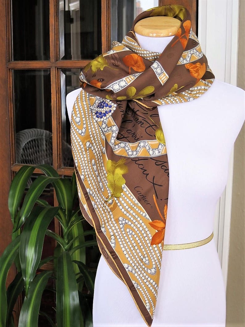 CARTIER SCARF, "L'Automne" Model, 100% Silk, Made in France, with Tag & Box, Cartier Foulard Soie, Vintage Scarf image 4