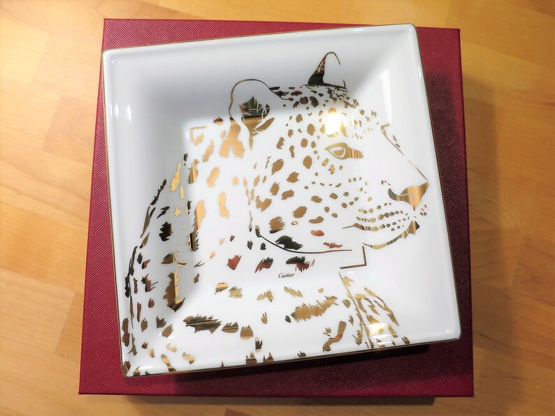 CARTIER TRAY, "Leopard" Panthere Motif, Ideal for Jewelry & Vanity, Luxury Fine Porcelain, 18kt Gold Decor, Limoges Porcelain, Trinket Tray