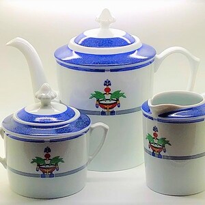 CARTIER 3-PC SERVICE, Coffee/Teapot w Cream & Sugar, "La Maison Venitienne" Porcelain w Cartier Red Boxes, Lapis Blue, Fine China, Limoges image 9