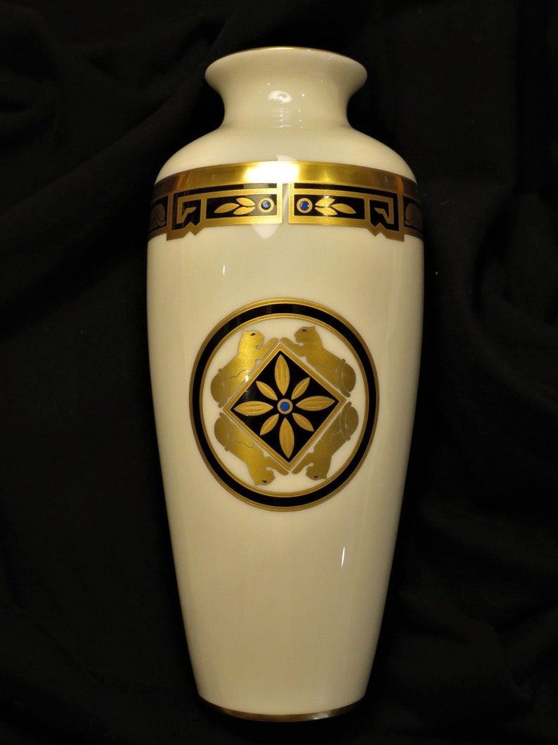CARTIER VASE, "La Maison de l'Art Deco" Motif w 24kt Gold, Limoges Porcelain for Cartier, Cartier Panther, Egyptian Revival, Luxury Decor image 9
