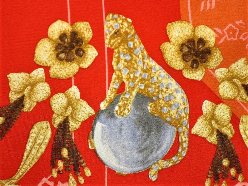 Authentic Cartier silk scarf in red Animalier motif panther