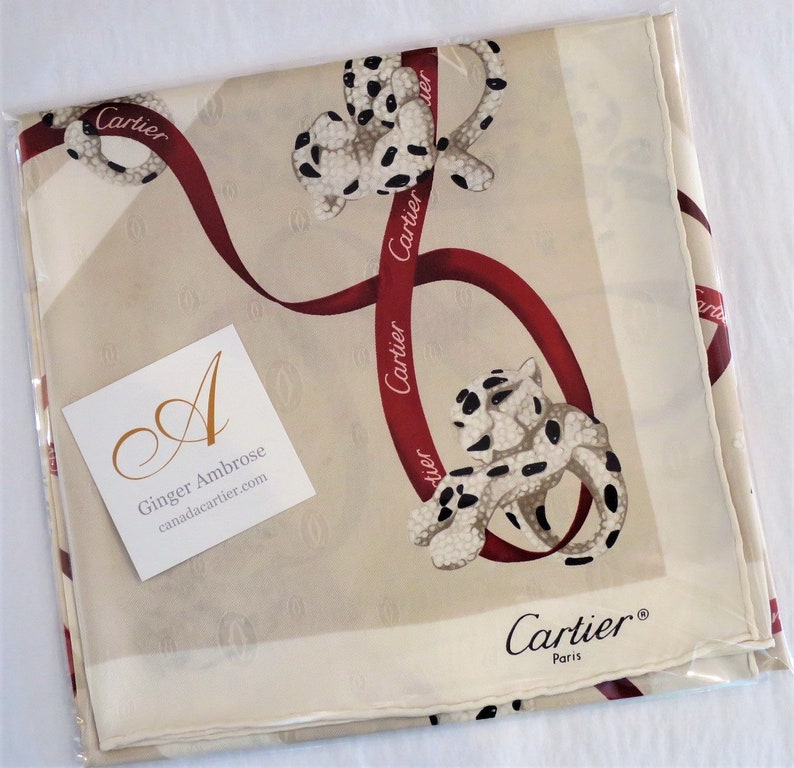 CARTIER SCARF, "Petite Panthere" Model, 100% Silk with Cartier Tag, Made in Italy, Cartier Foulard Soie, Vintage Scarf afbeelding 8