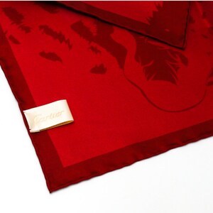 CARTIER SCARF or POUF, "La Panthère Rubis", 100% Silk Twill, Cartier Tag & Box, Made in Italy, Ruby Red, Panther Print, Foulard Soie image 3