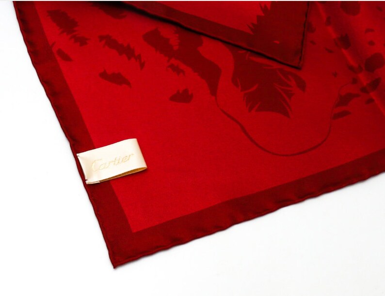 CARTIER SCARF or POUF, "La Panthère Rubis", 100% Silk Twill, Cartier Tag & Box, Made in Italy, Ruby Red, Panther Print, Foulard Soie image 3