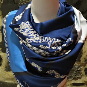 CARTIER SCARF Blue Vintage French Silk Paris Couture with Tigre Rôdant Tiger motif comes with Original Tag, Box and Certificate