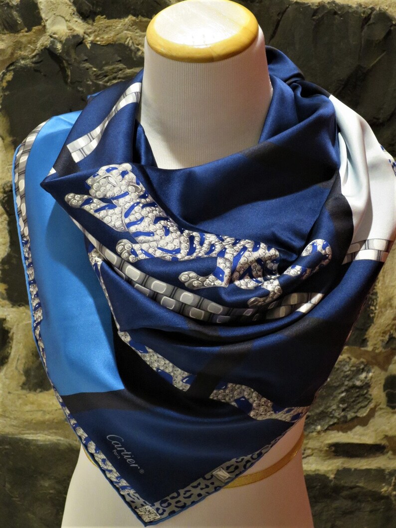 CARTIER SCARF Blue Vintage French Silk Paris Couture with Tigre Rôdant Tiger motif comes with Original Tag, Box and Certificate