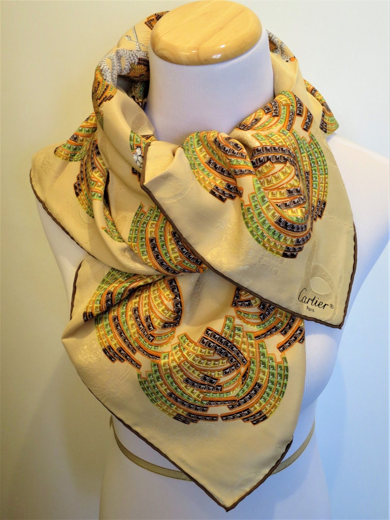 CARTIER SCARF, "Les Flamants" Motif, 100% Silk, Made in Italy, Cartier Tag & Red Box, Cartier Foulard Soie, Vintage Scarf, Luxury Scarves image 2