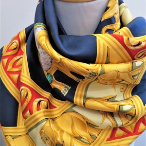 CARTIER SCARF, "La Route des Indes" Motif, 100% Silk, Made in France, Cartier Foulard Soie, Vintage Scarves, Elephants, Navy Blue Scarf image 2