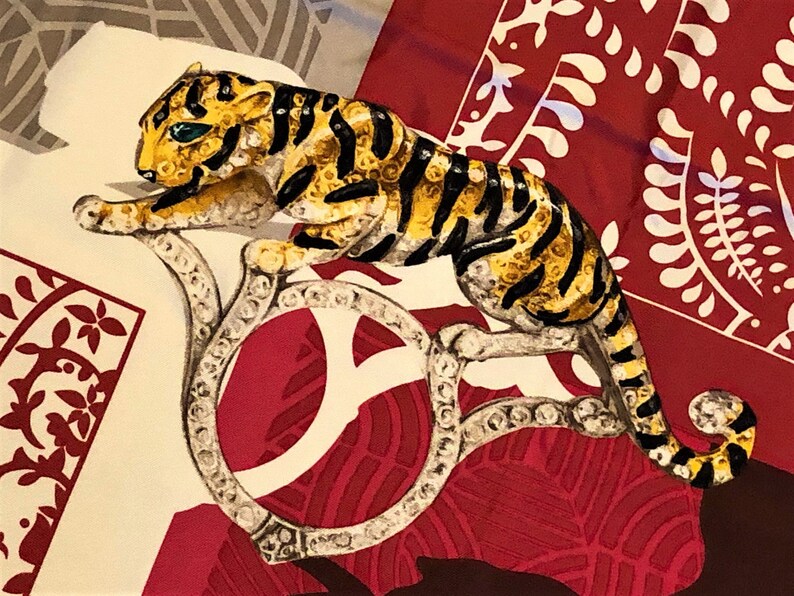 CARTIER SCARF, "Inde Mystérieuse" Tiger Decor, 100% Silk, Cartier Tag & Certificate, Cartier Foulard Soie, Vintage Scarf, Cartier Panther image 2