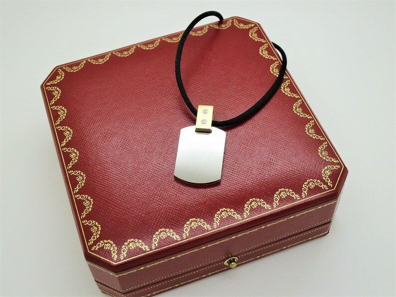CARTIER "DOG TAG", Santos Dumont Pendant, 18kt Yellow Gold & Brushed Steel, Cartier Necklace, Cartier Box + Certificate, Jewelry for Men