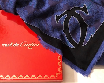 AUTHENTIC CARTIER Shawl / Muffler with Vintage "Royal Warrant" Motif in Blue Wool and Silk Blend includes Original Tag and Box