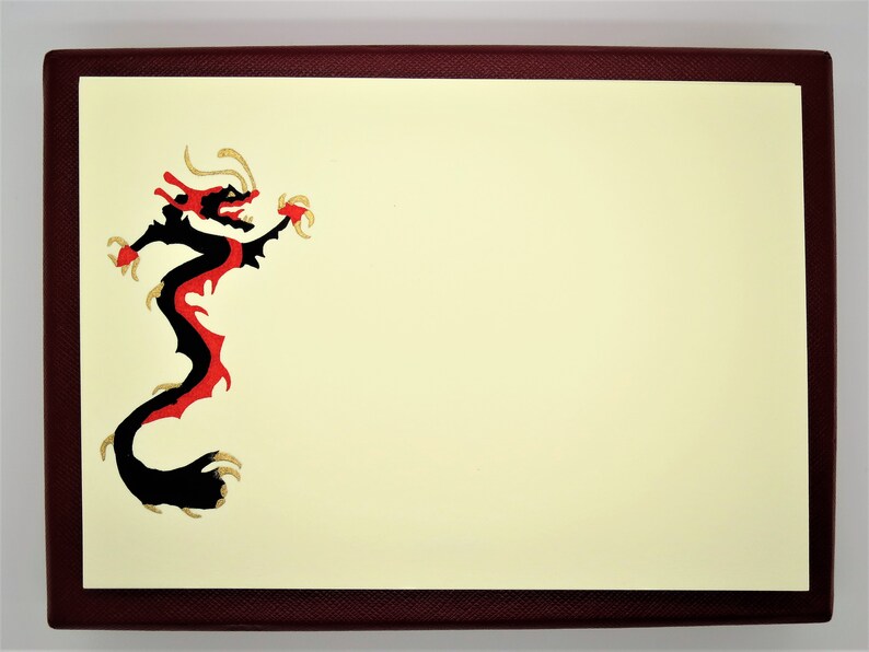 CARTIER STATIONERY, "Chinese Dragon" by Bill Glass for Cartier, Set of 5 w Envelopes & Box, Note Cards, Cartier circa 1990, Fine Stationery image 9