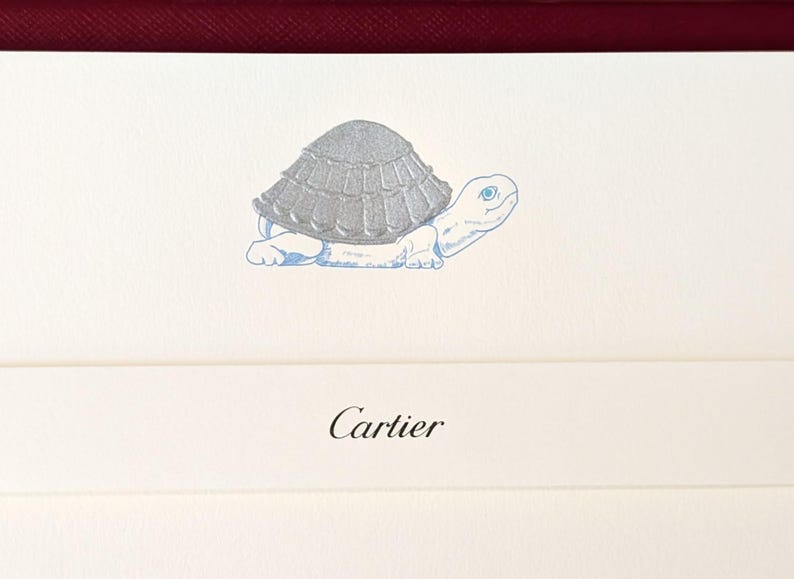 CARTIER STATIONERY SET of 9 Note Cards with Platinum Decor Tortue Motif and Sparkling Platinum Lined Envelopes in Original Cartier Box