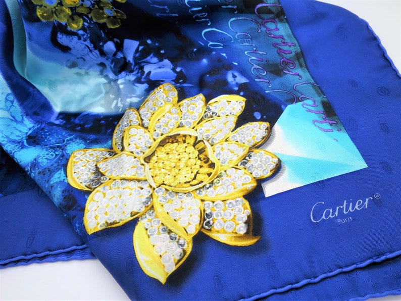 CARTIER SCARF, "Florals & Jewels" Motif, 100% Silk with Cartier Tag and Box, Cartier Foulard Soie, Vintage Scarves, Luxury Scarves
