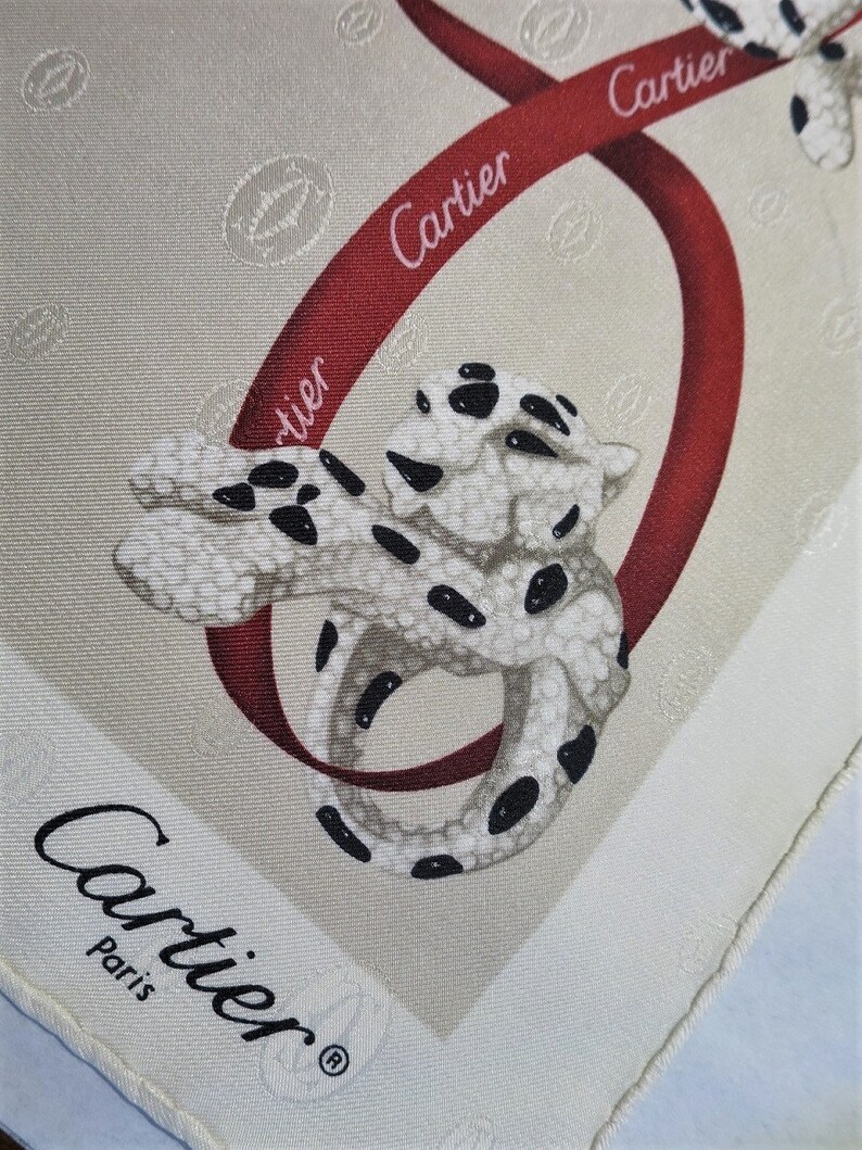 CARTIER SCARF, "Petite Panthere" Model, 100% Silk with Cartier Tag, Made in Italy, Cartier Foulard Soie, Vintage Scarf afbeelding 7