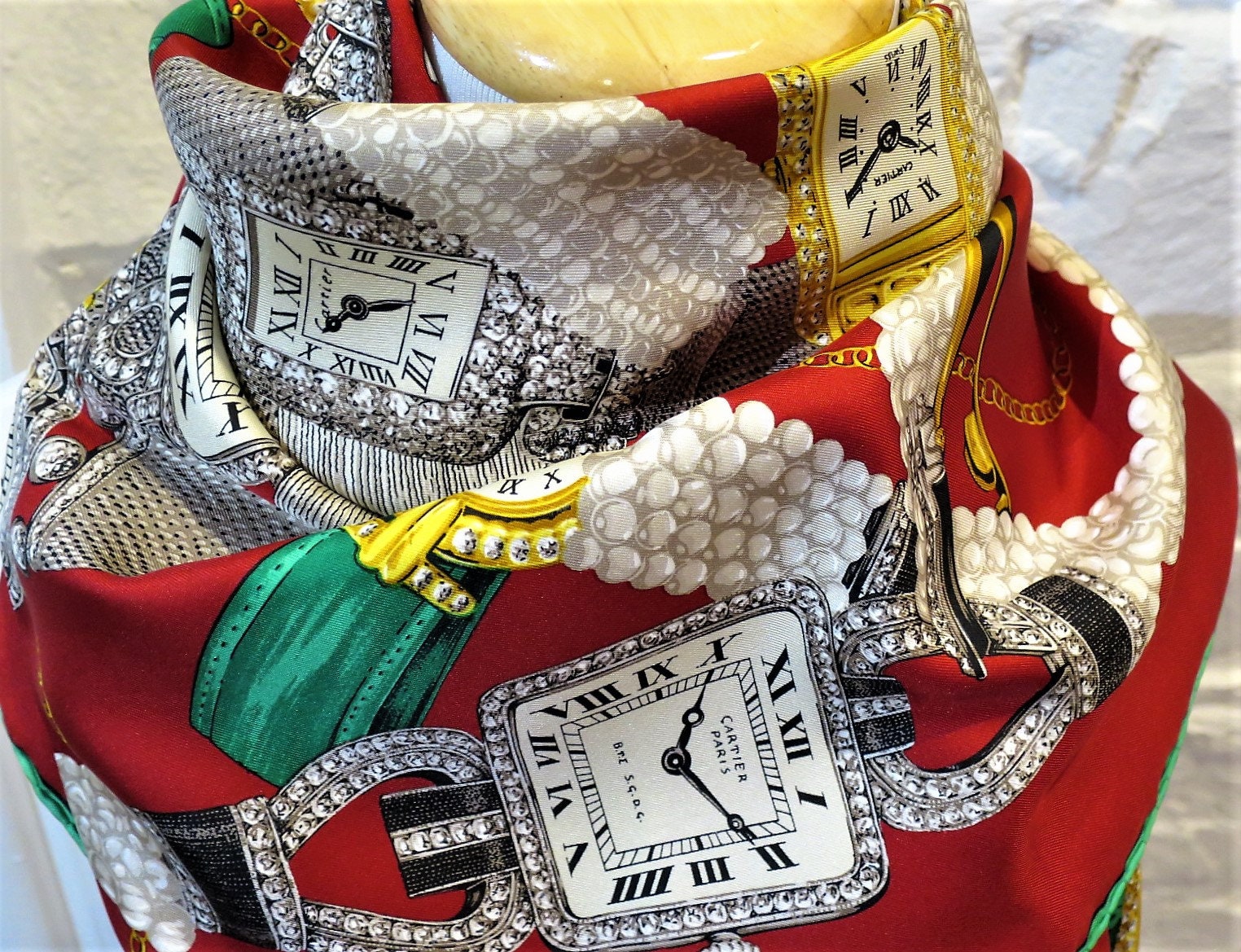 Vintage Cartier Silk Scarf, Large Square Le Temps Watches Design