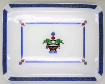 Vintage CARTIER LM Trinket Tray for Table, Bedside or Vanity in La Maison Venitienne Porcelain Pattern in Lapis Blue with Original Red Box
