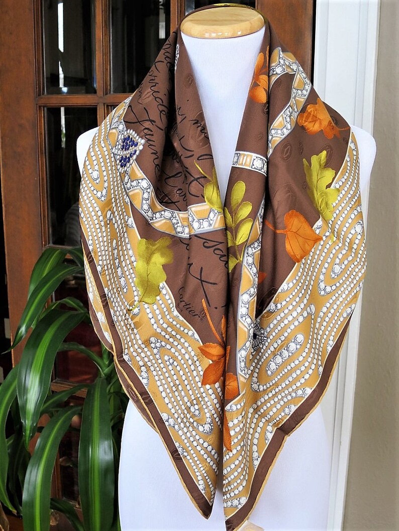 CARTIER SCARF, "L'Automne" Model, 100% Silk, Made in France, with Tag & Box, Cartier Foulard Soie, Vintage Scarf image 3
