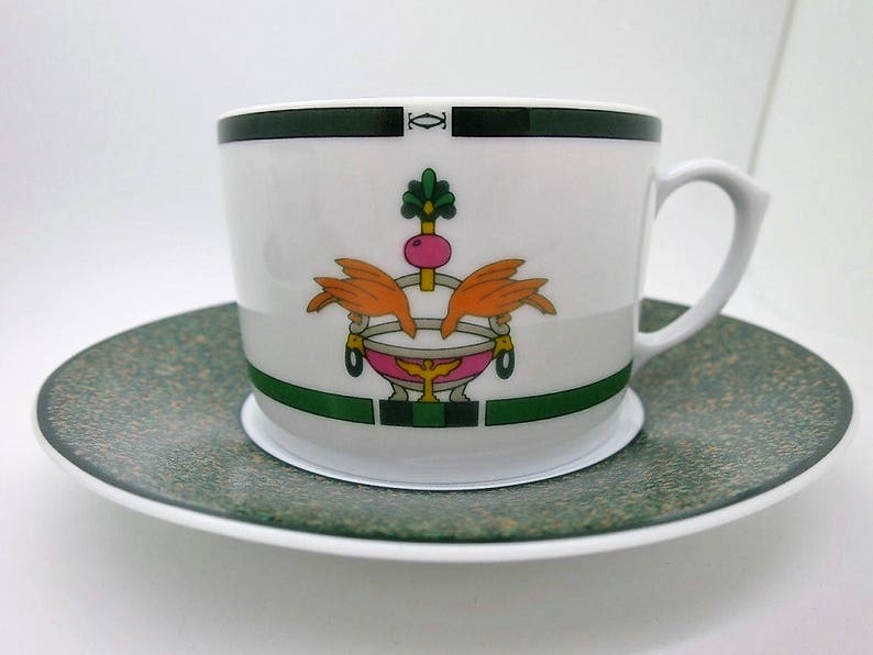 CARTIER (2) CUP & SAUCER, Vintage Cartier, "La Maison Venitienne" Porcelain in Jade Green, Fine China, Limoges China, Gifts for Her image 2