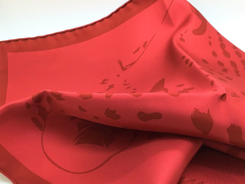 CARTIER SCARF or POUF, "La Panthère Rubis", 100% Silk Twill, Cartier Tag & Box, Made in Italy, Ruby Red, Panther Print, Foulard Soie image 5