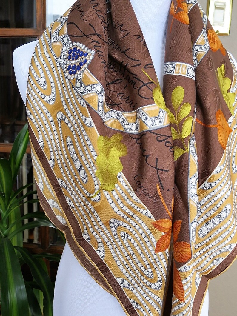 CARTIER SCARF, "L'Automne" Model, 100% Silk, Made in France, with Tag & Box, Cartier Foulard Soie, Vintage Scarf image 8