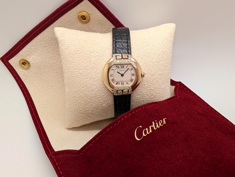 CARTIER WATCH the Ellipse Diamond Art Deco model 18kt Yellow Gold w Quartz Movement + Full Cut Alligator Strap, Cartier Warranty + Watch Box