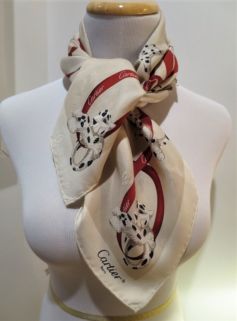 CARTIER SCARF, "Petite Panthere" Model, 100% Silk with Cartier Tag, Made in Italy, Cartier Foulard Soie, Vintage Scarf afbeelding 3