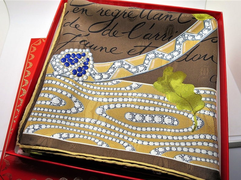 CARTIER SCARF, "L'Automne" Model, 100% Silk, Made in France, with Tag & Box, Cartier Foulard Soie, Vintage Scarf image 5
