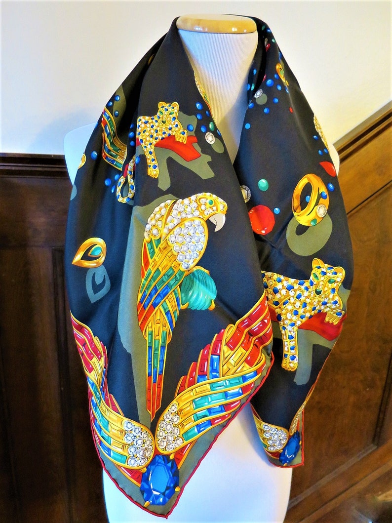 CARTIER SCARF, "Jeweled Menagerie", 100% Silk with Cartier Tag, Box & Certificate, Made in France, Cartier Foulard Soie, Vintage Scarf image 4