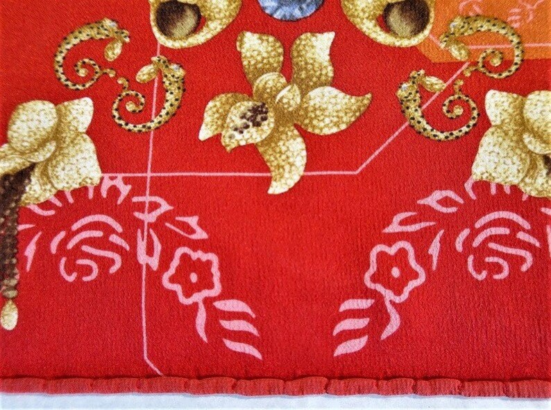 Authentic Cartier silk scarf in red Animalier motif tropical animals
