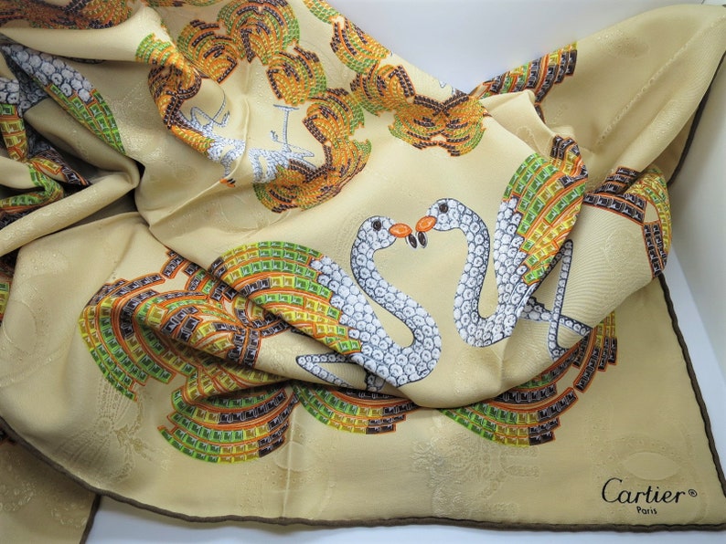 CARTIER SCARF, "Les Flamants" Motif, 100% Silk, Made in Italy, Cartier Tag & Red Box, Cartier Foulard Soie, Vintage Scarf, Luxury Scarves image 1