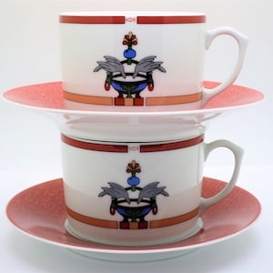 Breakfast Cups CARTIER Set of 2 Coffee or Tea size with Saucers in Vintage La Maison Venitienne Art Deco Coral Limoges French Porcelain