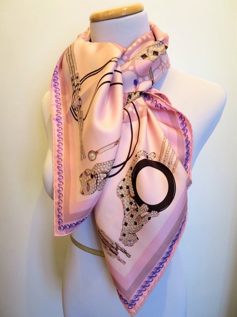 CARTIER SCARF, "Majestic Panthers & Jewels", 100% Italian Silk w Cartier Tag and Red Box, Cartier Foulard Soie, Vintage Scarf, Gifts for Her image 4