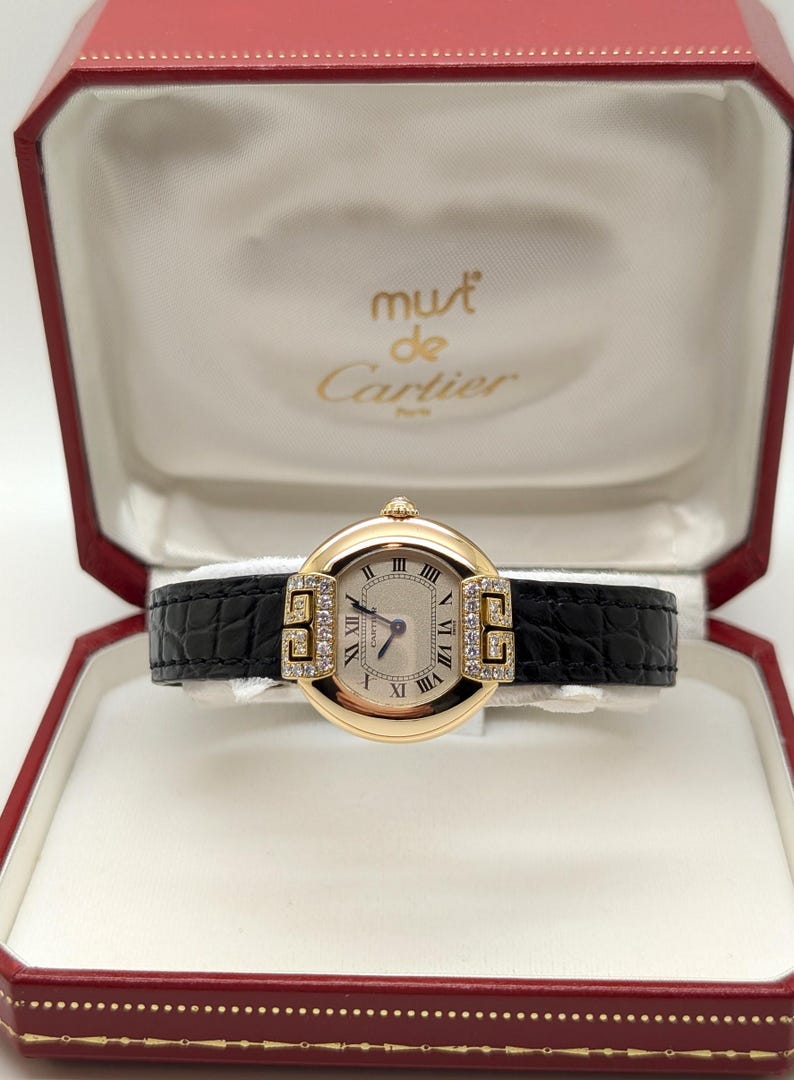 CARTIER WATCH the Ellipse Diamond Art Deco model 18kt Yellow Gold w Quartz Movement + Full Cut Alligator Strap, Cartier Warranty + Watch Box