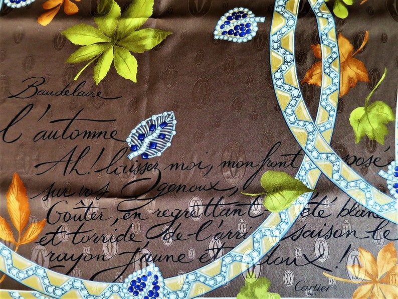 CARTIER SCARF, "L'Automne" Model, 100% Silk, Made in France, with Tag & Box, Cartier Foulard Soie, Vintage Scarf image 2