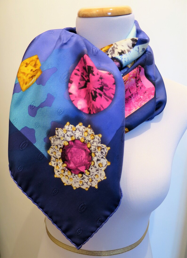 CARTIER SCARF, "Florals & Jewels" Motif, 100% Silk with Cartier Tag and Box, Cartier Foulard Soie, Vintage Scarves, Luxury Scarves
