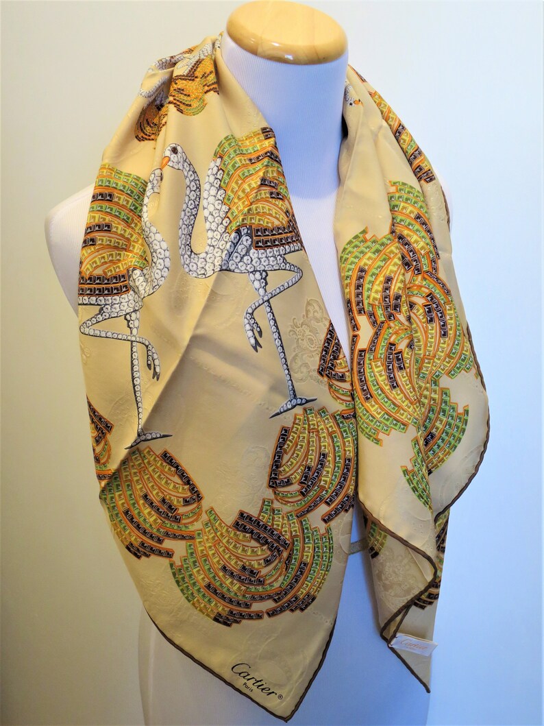 CARTIER SCARF, "Les Flamants" Motif, 100% Silk, Made in Italy, Cartier Tag & Red Box, Cartier Foulard Soie, Vintage Scarf, Luxury Scarves image 3