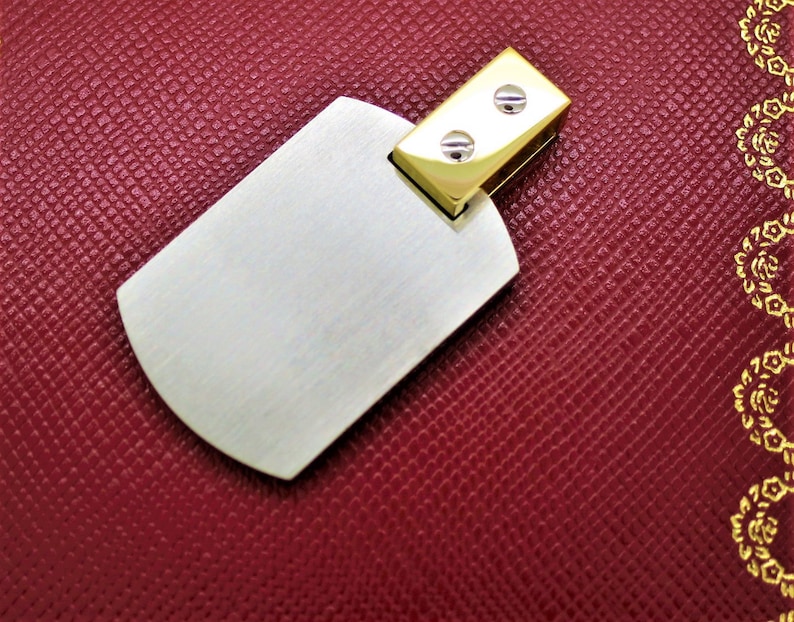 CARTIER "DOG TAG", Santos Dumont Pendant, 18kt Yellow Gold & Brushed Steel, Cartier Necklace, Cartier Box + Certificate, Jewelry for Men